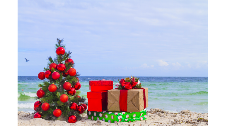 Christmas Tree decorated with Red Christmas Ornaments and Christmas Presents, in front of the Atlantic Ocean in a beautiful idyllic sunny summer day.