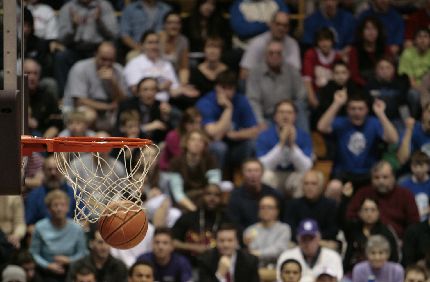 Basketball ball and backboard with fans in the background.