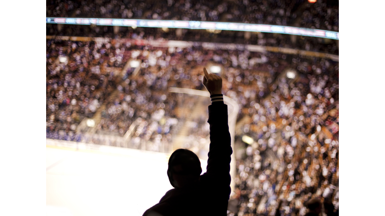 Sports fan cheering at hockey game