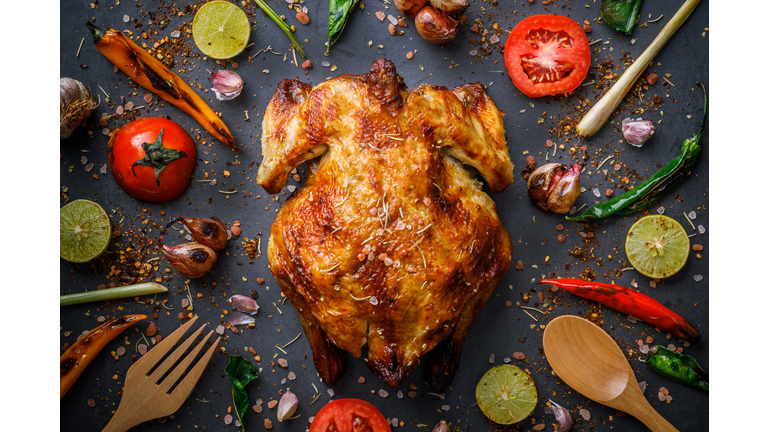 Homemade roasted Turkeys for Thanksgiving with spice on the table