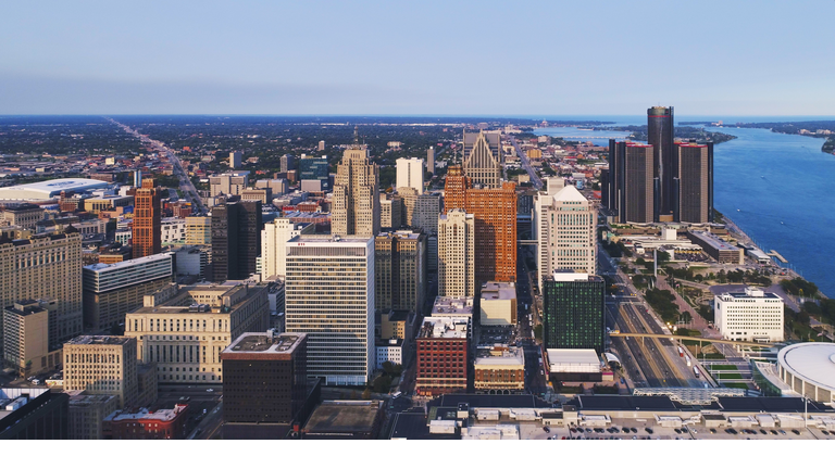 Detroit Michigan Downtown skyline Aerial Sunset