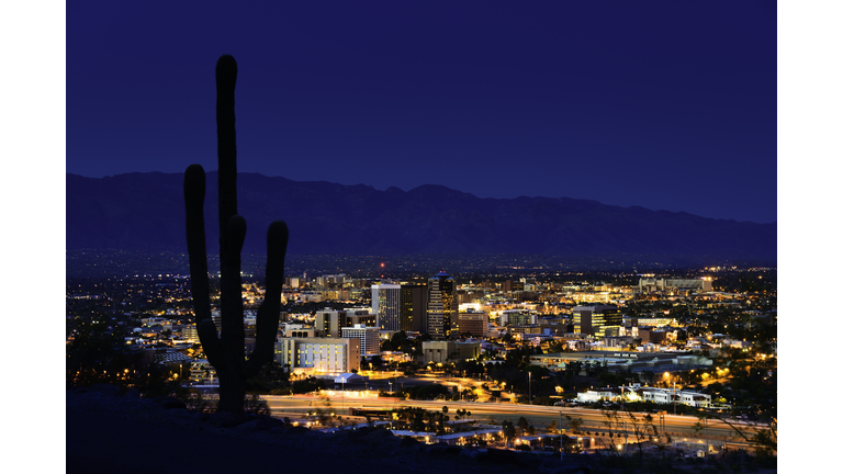 Tucson Arizona at night framed by saguaro cactus and mountains