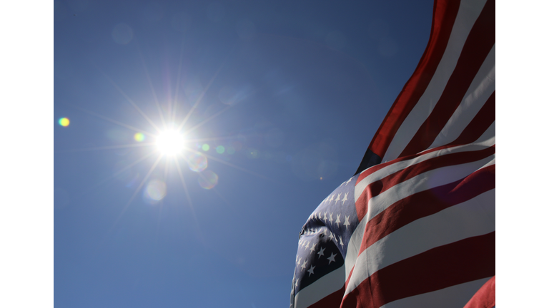 American flags blown in the wind in Malibu California