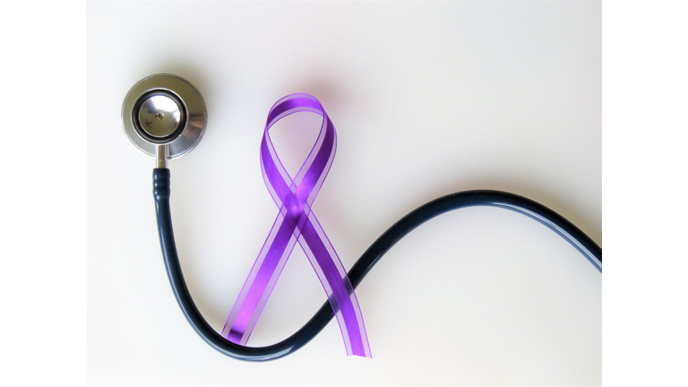 Purple ribbon, stethoscope--Awareness month: pancreatic cancer, epilepsy, Alzheimer's, lupus,  Crohn's, cystic fibrosis, fibromyalgia, sarcoidosis, thyroid cancer, opioids