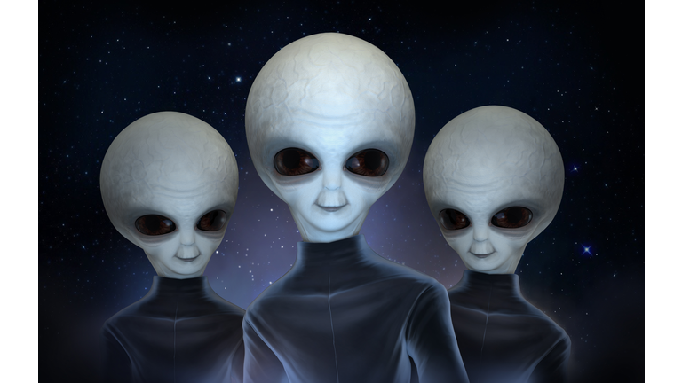 Three gray aliens in black space suits against the background of the cosmic starry sky. 3 d illustration.