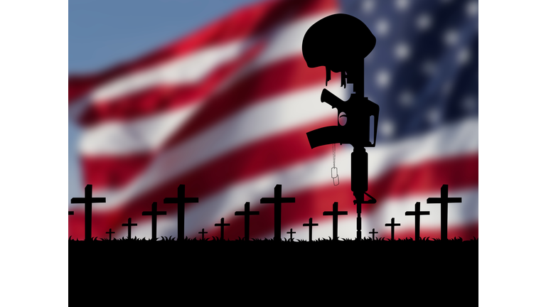 US flag with rifle and tomb crosses