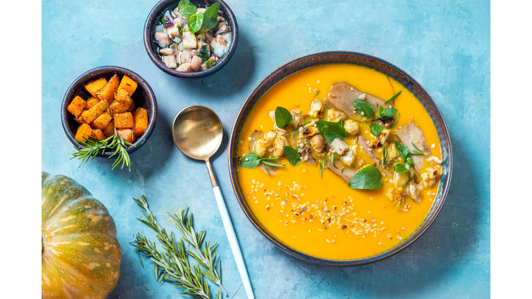 Creamy pumpkin soup with chestnuts and mushrooms