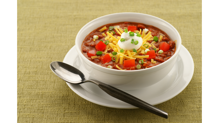 Bowl of Chili on Retro Green Tablecloth