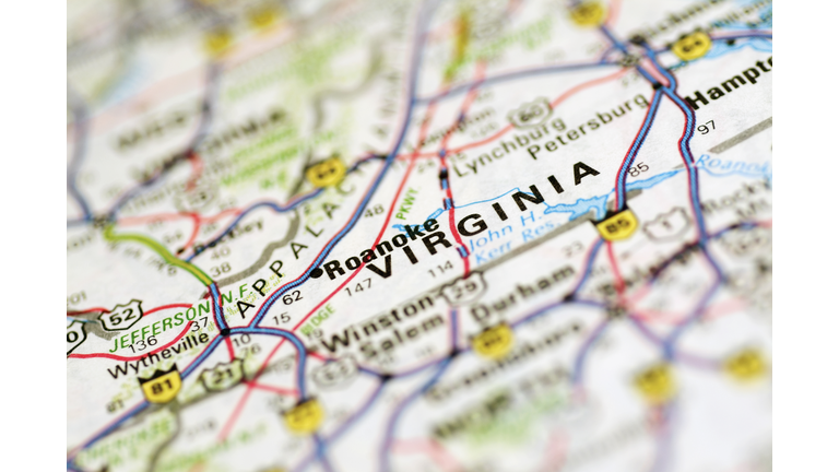 Close-up of the road map of Virginia