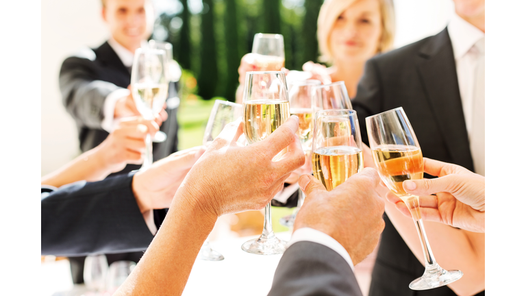 Guests And Couple Toasting Champagne Flutes At Wedding Reception