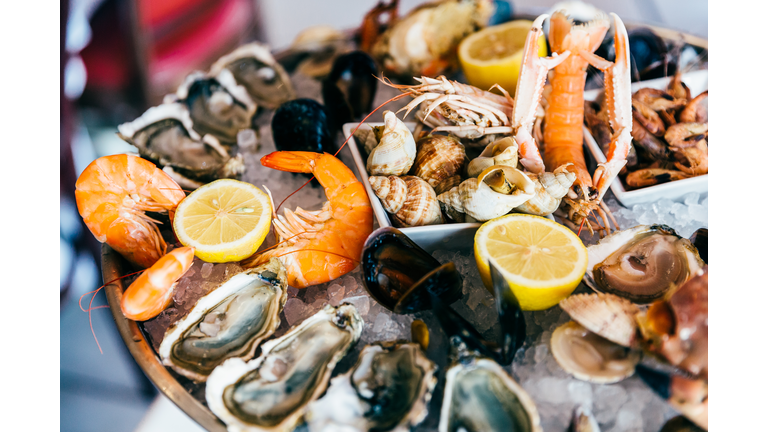 Close up of fresh seafood on ice plate