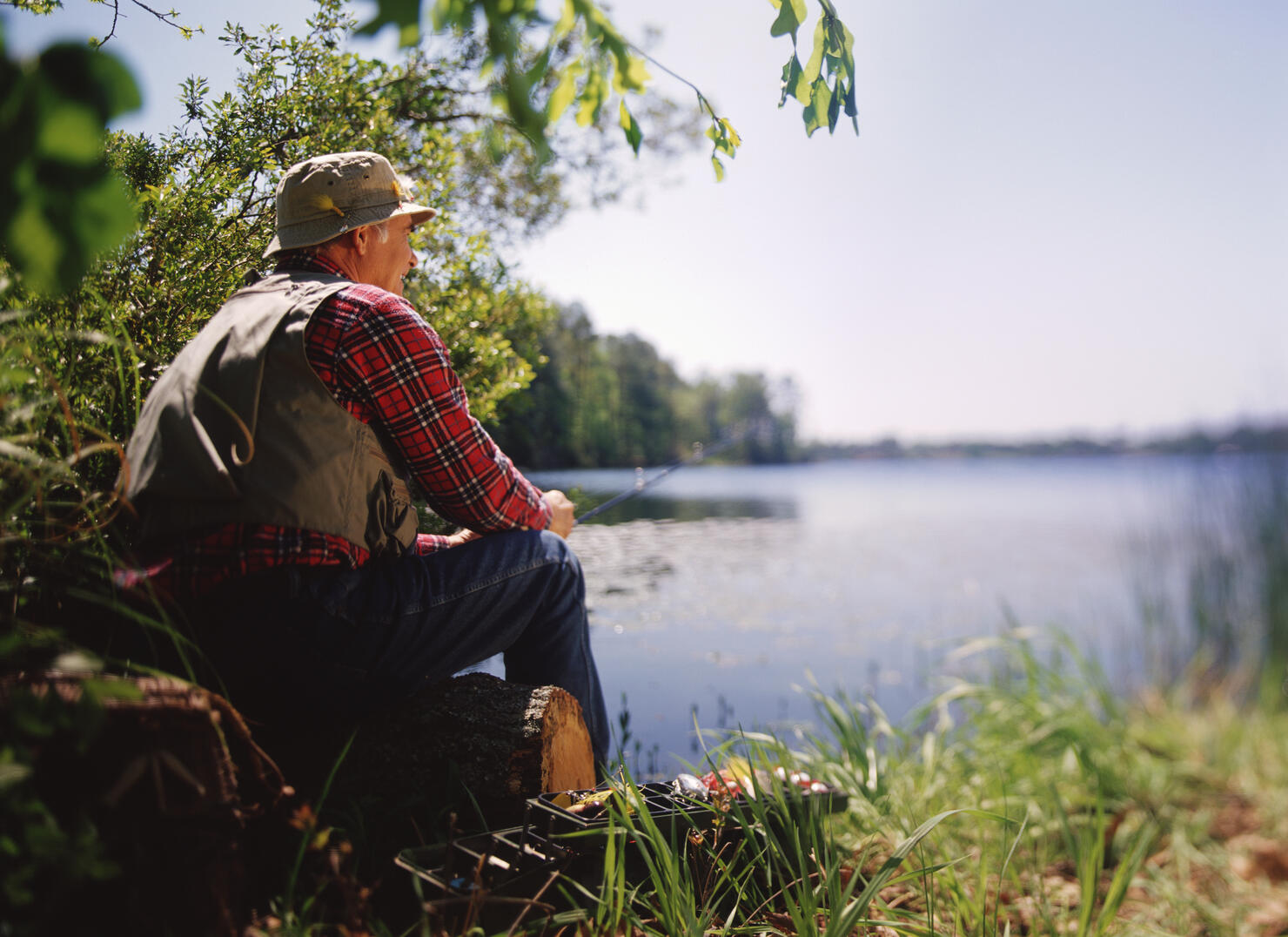 Senior man sitting on shore, fishing, rear view