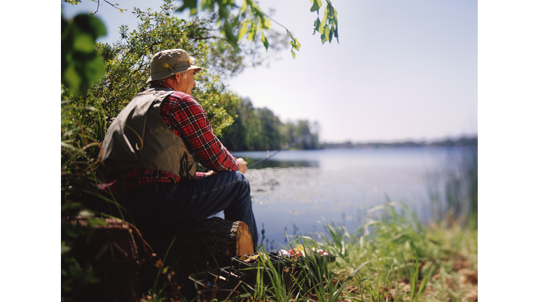 Senior man sitting on shore, fishing, rear view
