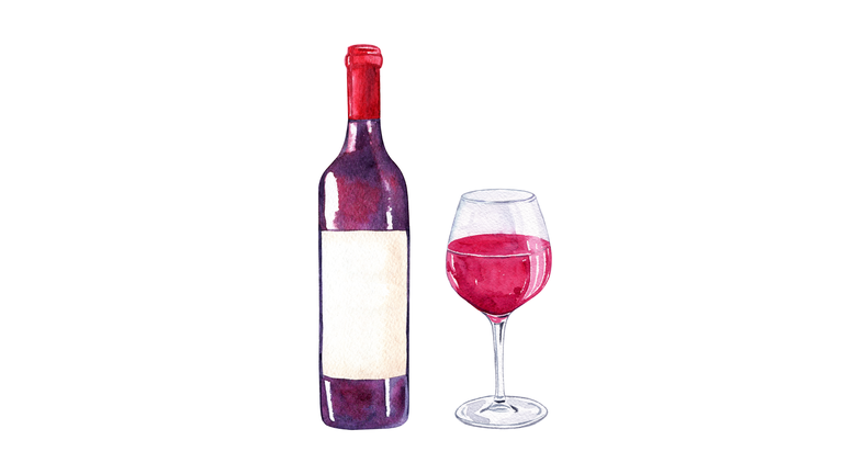 watercolor hand drawn red wine bottle and glass isolated on white background