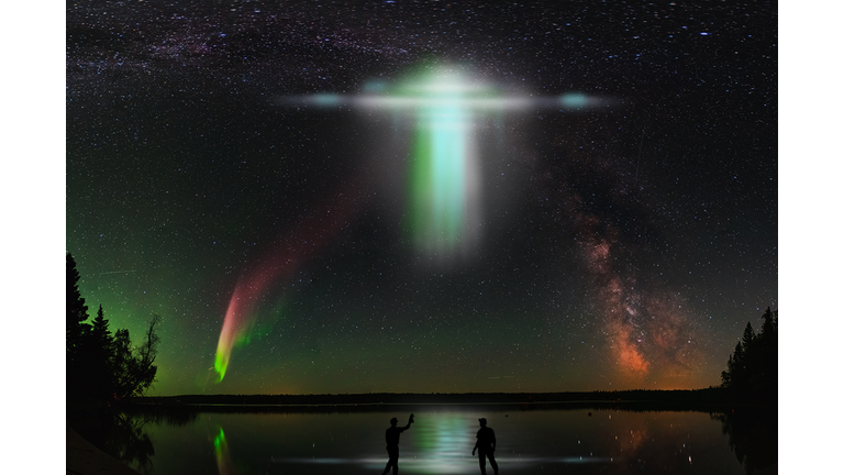 People are watching UFOs in the night sky. Elements of this image furnished by NASA.