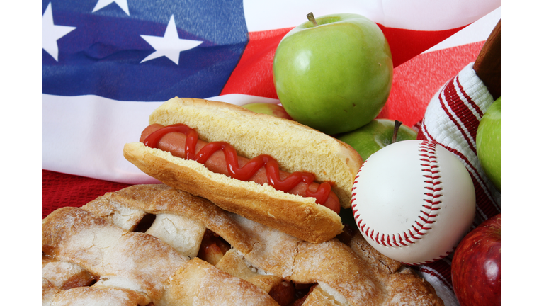 American symbol of baseball, hot dog, apple pie