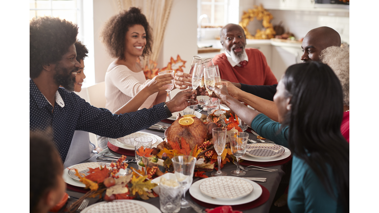 Multi generation mixed race family raise their glasses to make a toast at their Thanksgiving dinner table