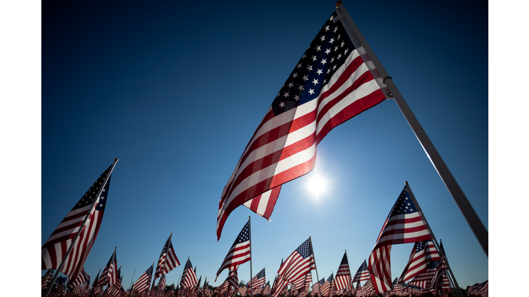 American Flag display commemorating national holiday memorial or veterans day