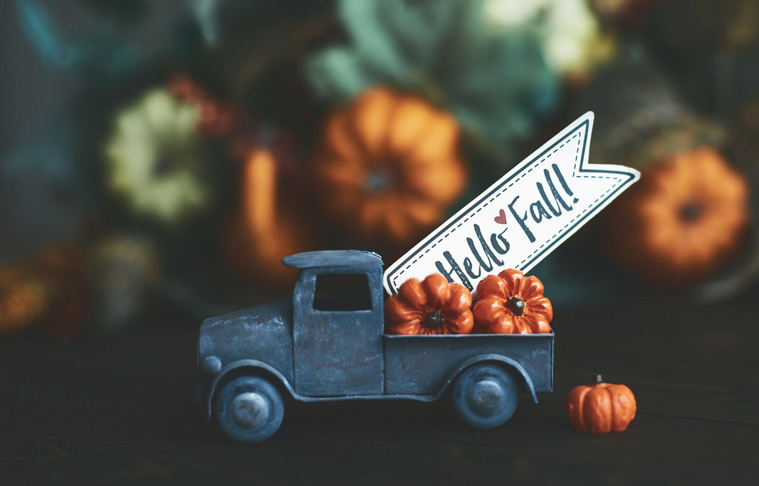 Little truck with load of miniature pumpkins for fall and Thanksgiving
