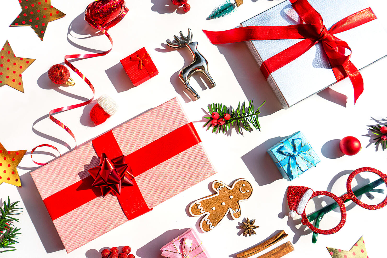 Christmas Decoration Objects and Gift Box as Holiday Background.