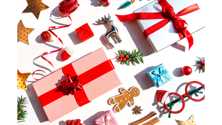 Christmas Decoration Objects and Gift Box as Holiday Background.