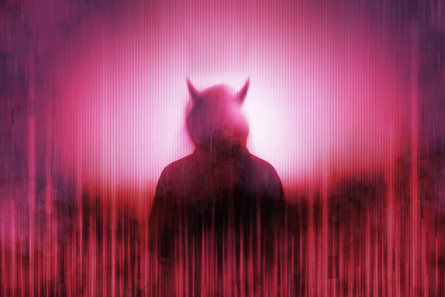 Silhouette of a mysterious horned devil figure without a face, surrounded by a glitch, red, neon edit