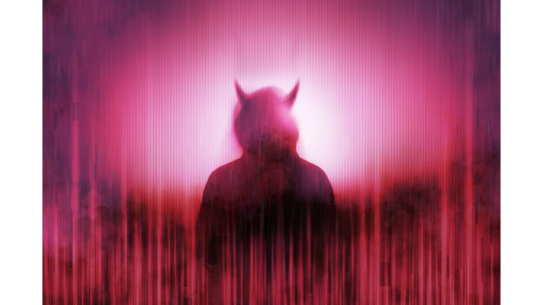 Silhouette of a mysterious horned devil figure without a face, surrounded by a glitch, red, neon edit