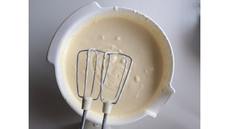 Close-up of a bowl of batter with hand mixer