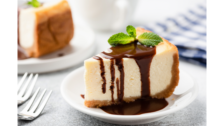 Cheesecake with chocolate sauce on plate