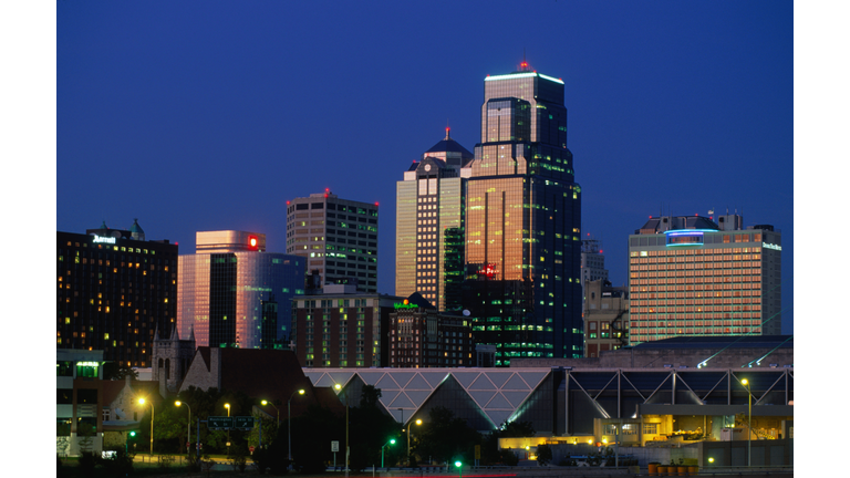 City skyline at night.