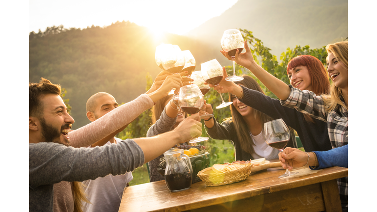 Happy friends having fun an drinking wine in autumn time