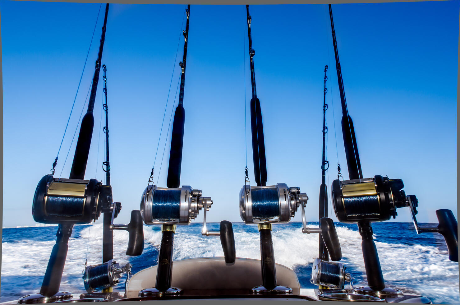 Fishing rods close up in a boat at the Caribbean