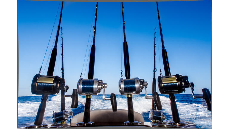 Fishing rods close up in a boat at the Caribbean