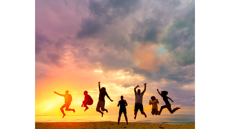 Silhouette Happy family people group celebrate jump for good life on weekend concept for win victory, person faith in financial freedom healthy wellness, Great insurance team support retreat together in summer.