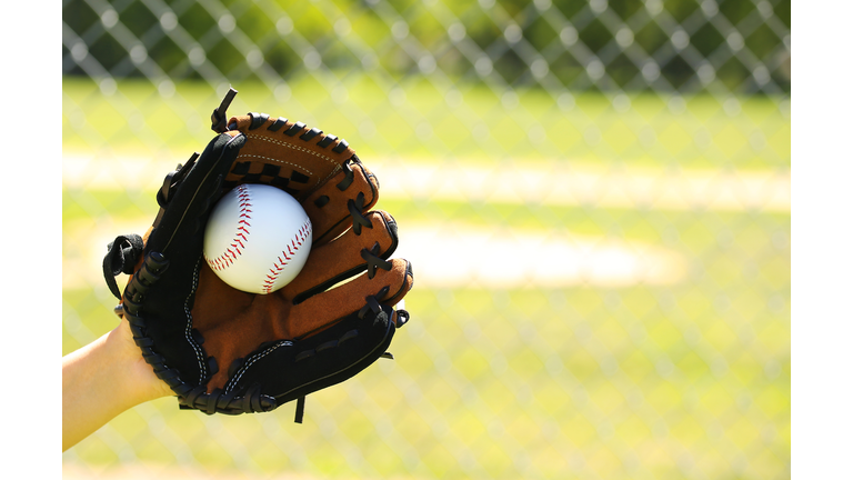 Hand of Baseball Player with Glove and Ball over Field