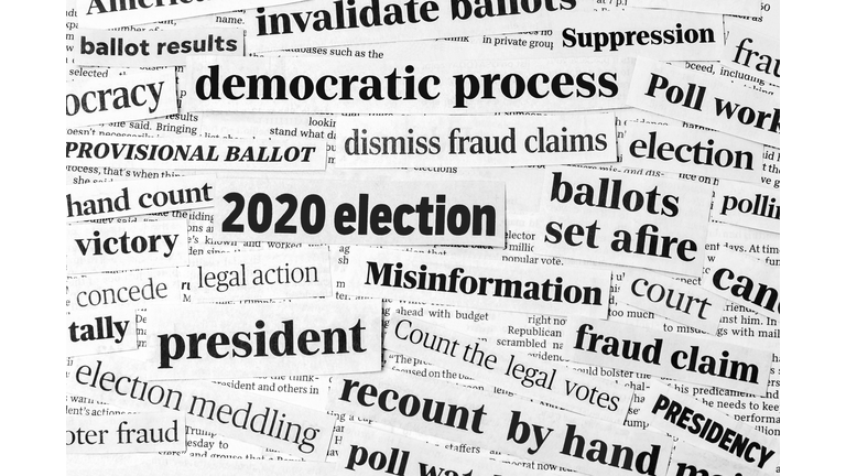 Newspaper headlines of 2020 United States of America presidential election. Concept of misinformation, voter and ballot fraud claims and the democratic process