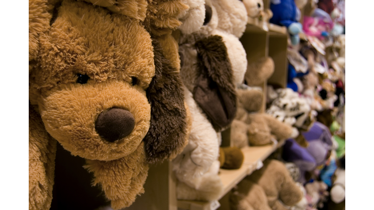 Stuffed animals on a shelf in a department store