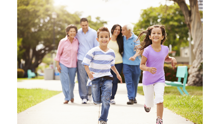 Multi Generation Family Walking In Park Together