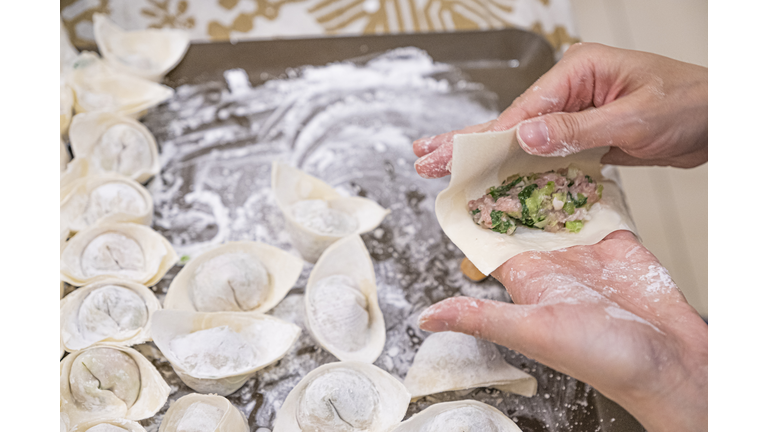 Asian, Chinese making dumpling, Wonton, Homemade Cooking Chinese Ravioli