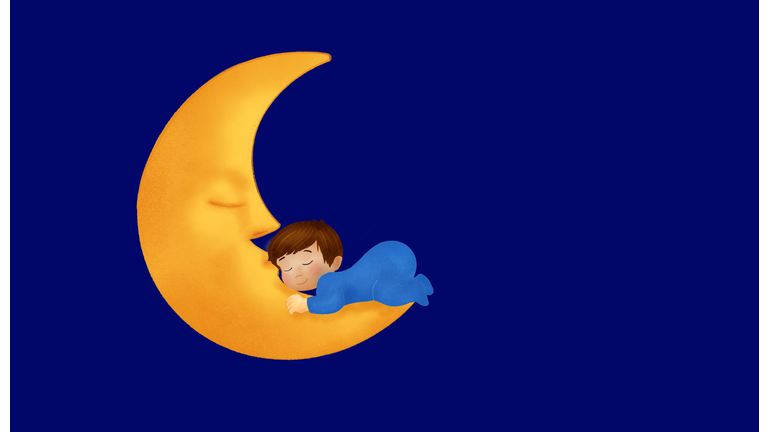 Illustration of a baby boy sleeping on the moon.