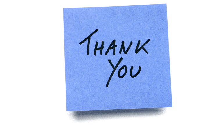 Blue Thank You post-it note isolated on white