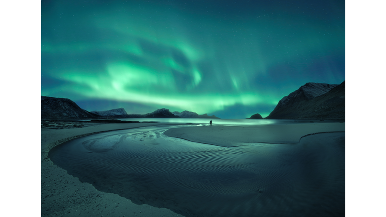 Northern lights over the beach, Lofoten, Norway