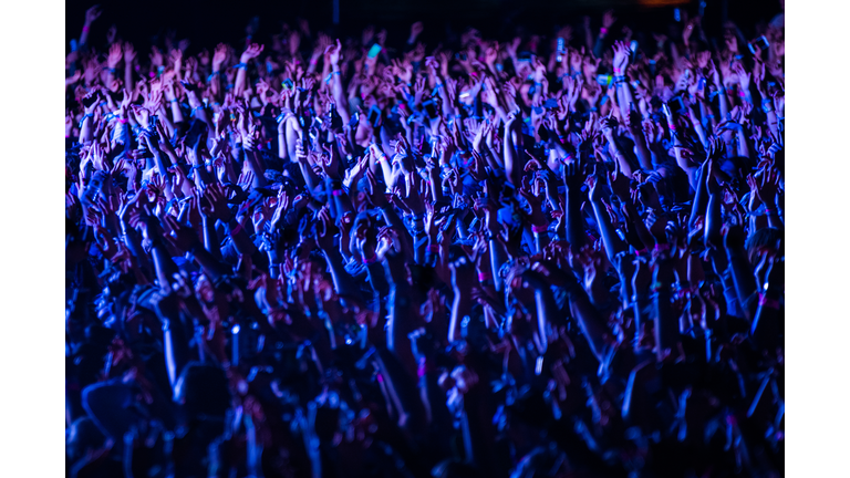 Crowd of people cheering at a music festival at night