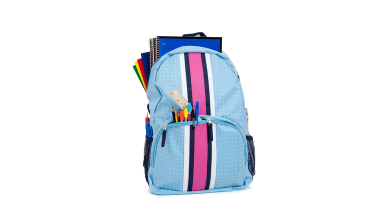 Backpack with school supplies on a white background