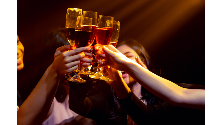 Group of people toast drinks at party in dancing club