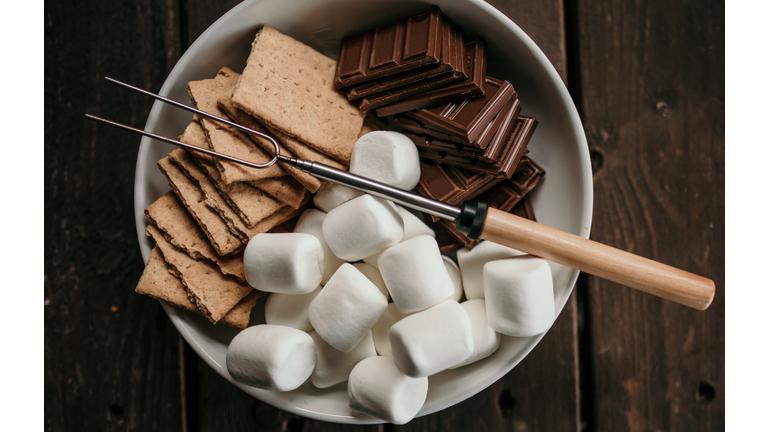 skewer for s'mores, graham crackers, chocolate, marshmallows