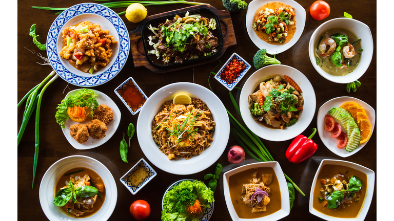 Thai Food Displayed on Table.