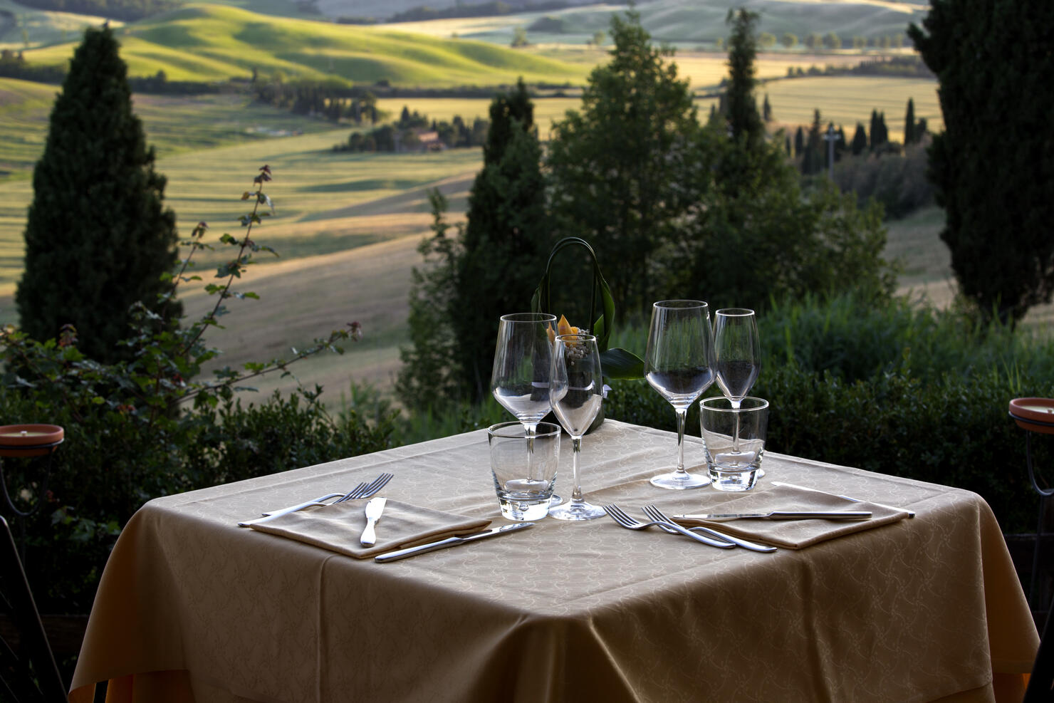 Table with a view of the beautiful landscapes of Val d'Orcia valley in Tuscany
