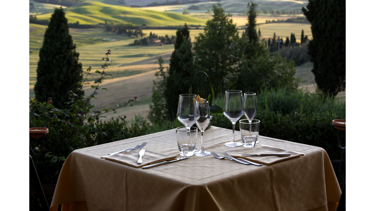 Table with a view of the beautiful landscapes of Val d'Orcia valley in Tuscany