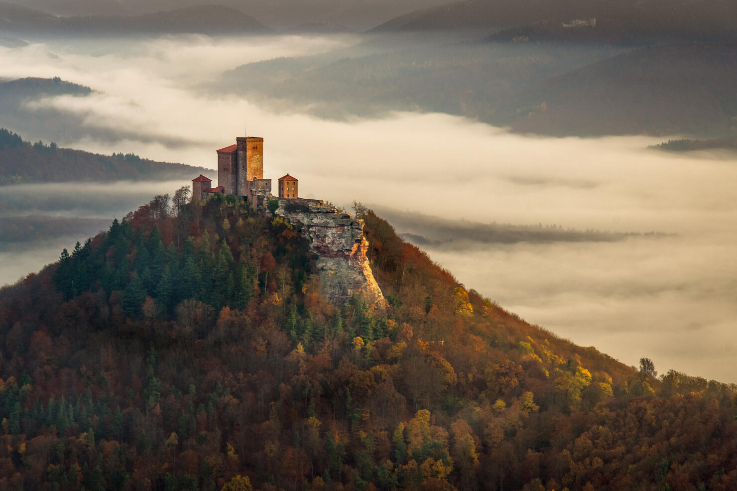 Trifels Castle on a foggy autumn morning